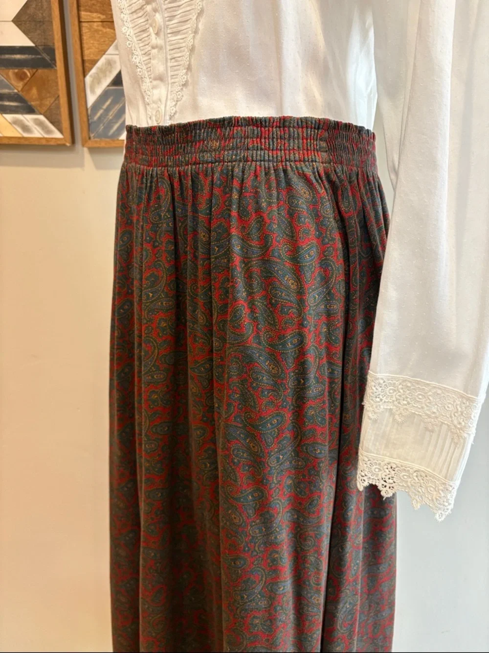 Vintage Ralph Lauren Blue Label 90s Cotton Stretch Paisley Midi Skirt Medium - Picture 6 of 12